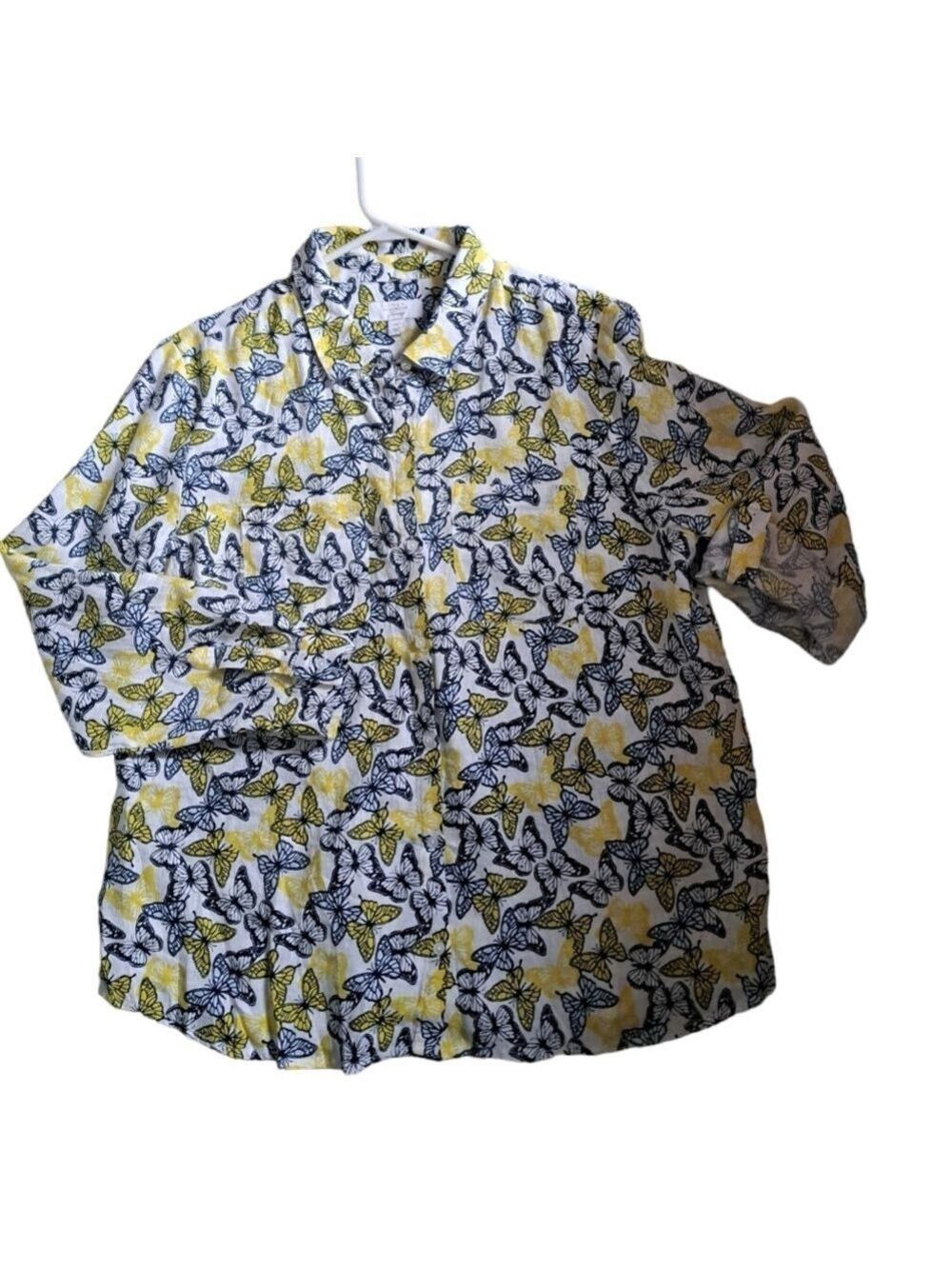 CHARTER CLUB Linen luxury BUTTERFLY blouse shirt long sleeve top Petite XL